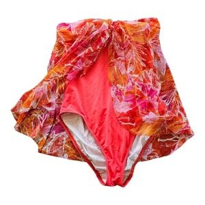 Ralph Lauren Floral Red Pink One Piece Swimming suit with Flowy Cover sz 8